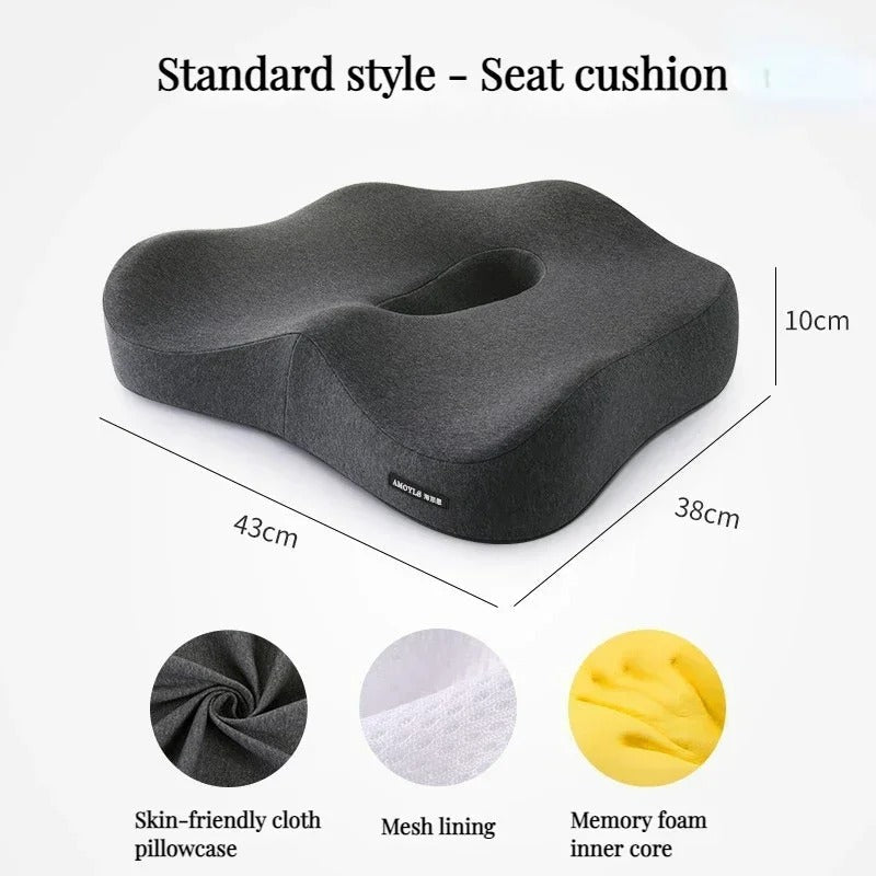 Ergonomic memory foam support cushion for office and car use; contoured design with removable cover for ultimate comfort.