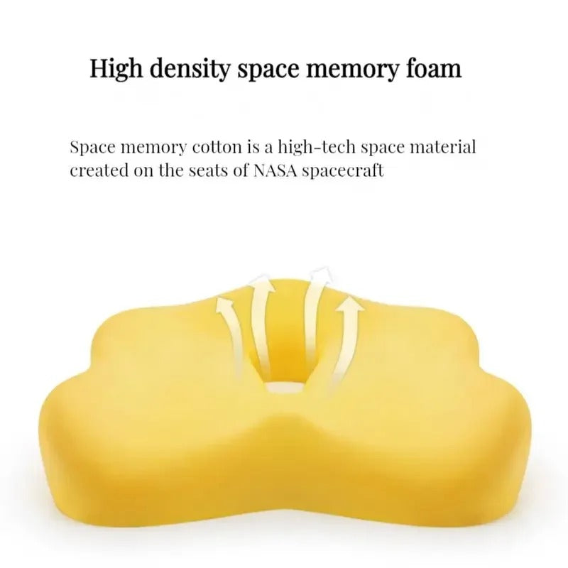 Ergonomic memory foam support cushion for office and car use; contoured design with removable cover for ultimate comfort.