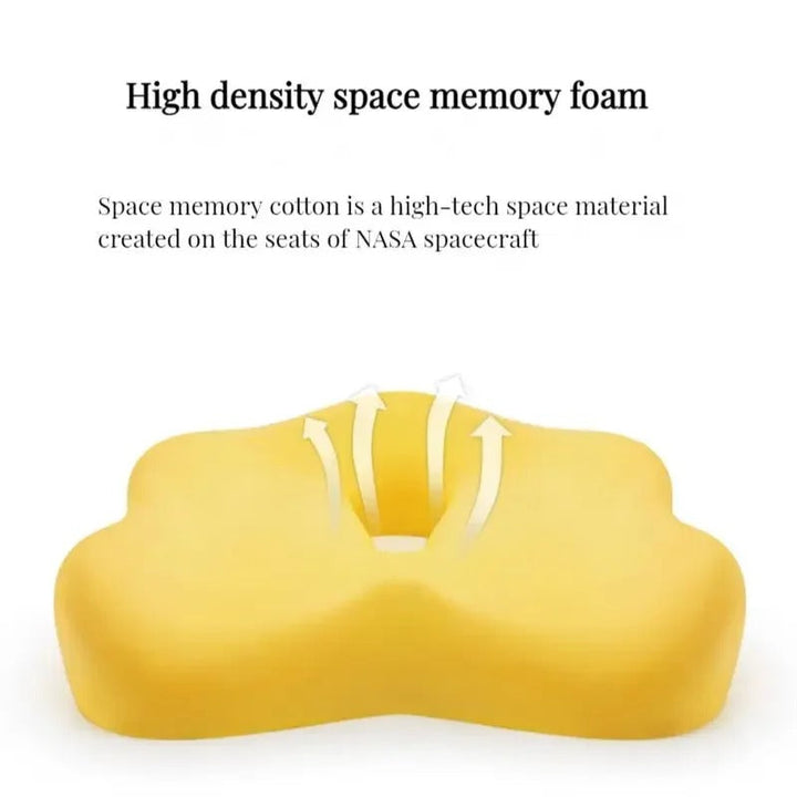 Ergonomic memory foam support cushion for office and car use; contoured design with removable cover for ultimate comfort.