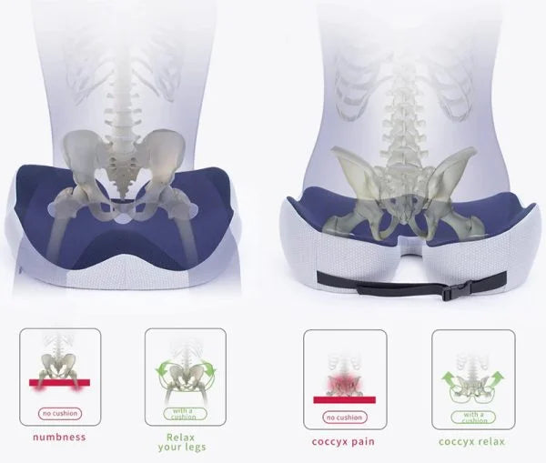 "Ergonomic men's memory foam seat cushion in grey, supports hips and back, perfect for office chairs and car seats."