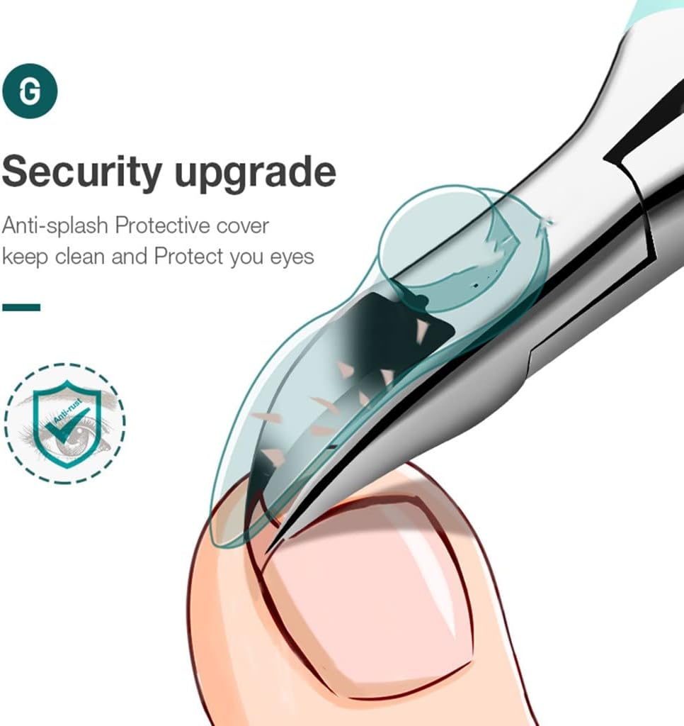 Ergonomic premium toenail clippers for seniors, curved stainless steel blades, anti-splash shield, safe nail trimming.