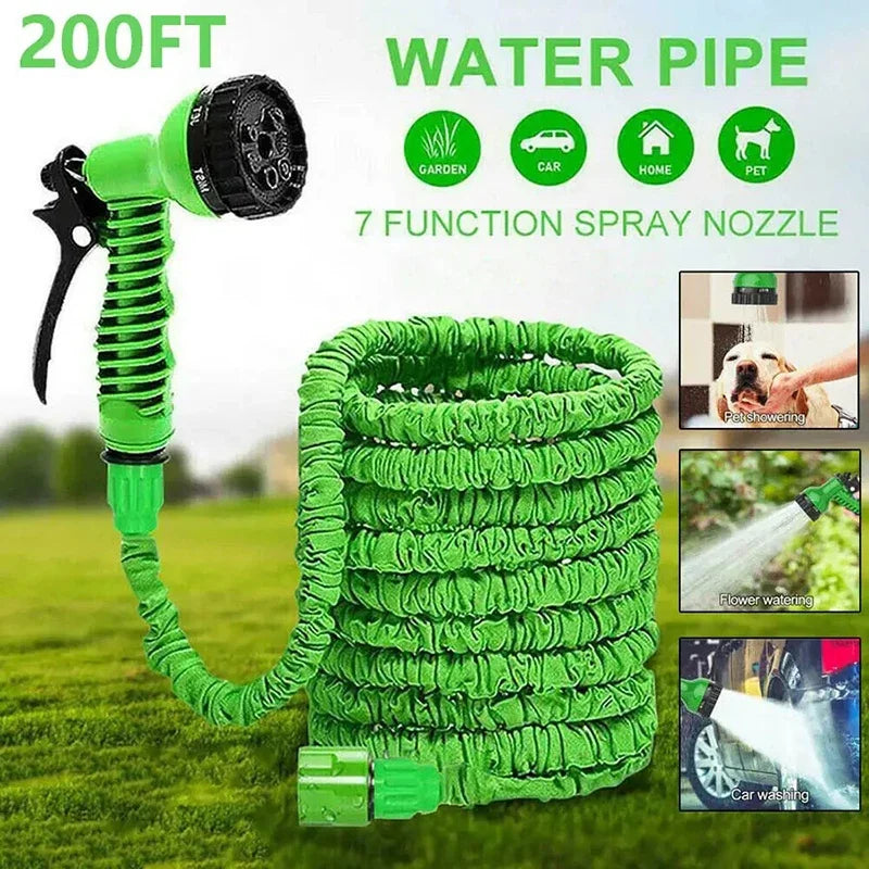 "Expandable garden hose with blue flexible design, 7-function spray gun, ideal for easy outdoor watering and DIY tasks."