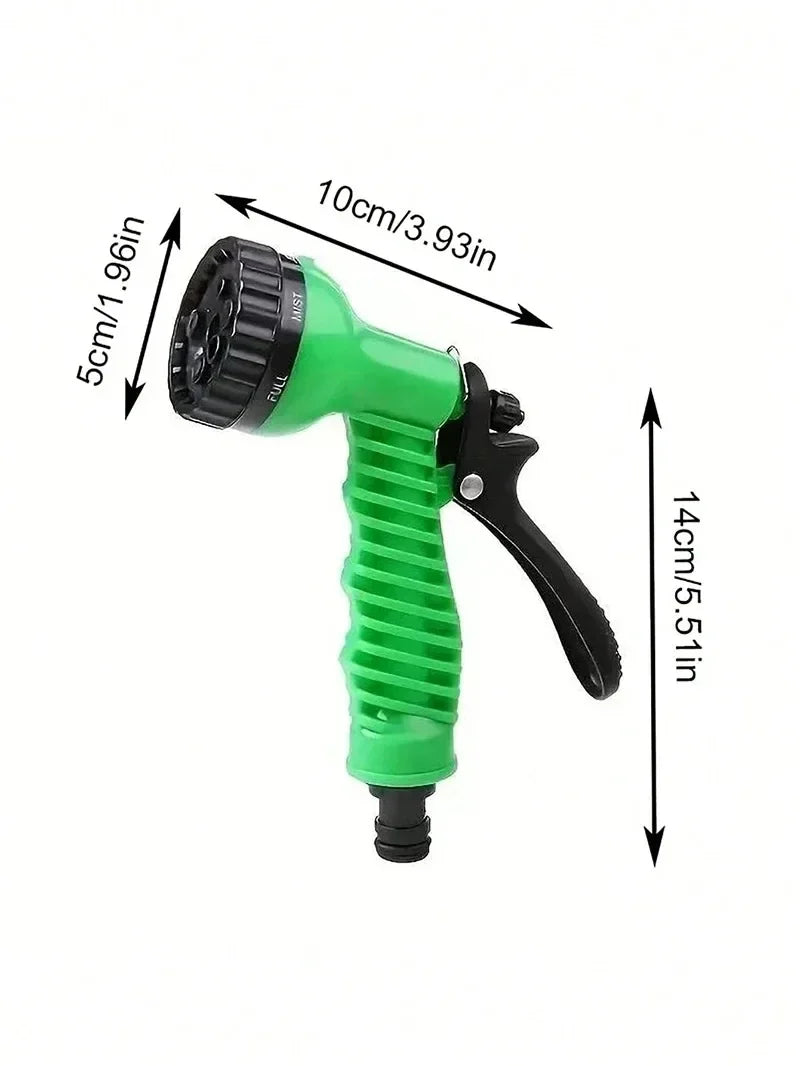 "Expandable garden hose with blue flexible design, 7-function spray gun, ideal for easy outdoor watering and DIY tasks."