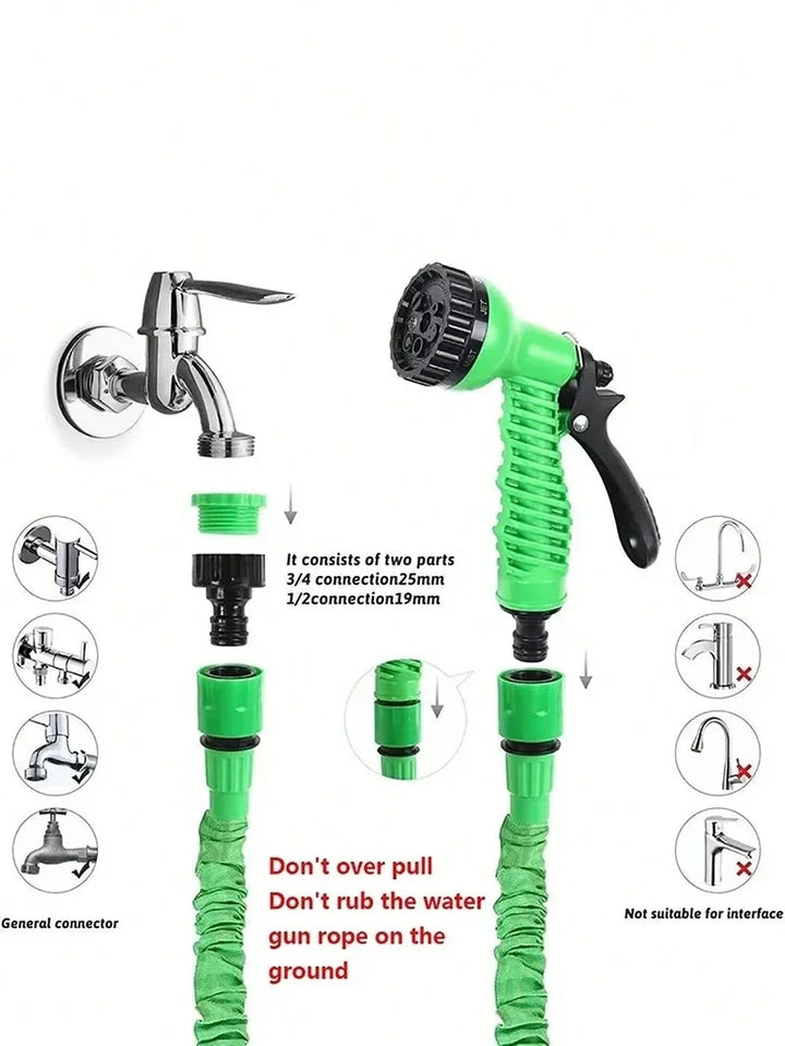 "Expandable garden hose with blue flexible design, 7-function spray gun, ideal for easy outdoor watering and DIY tasks."