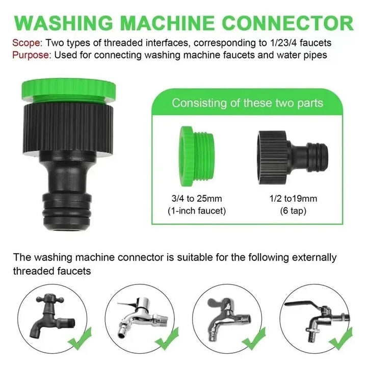 "Expandable garden hose with blue flexible design, 7-function spray gun, ideal for easy outdoor watering and DIY tasks."