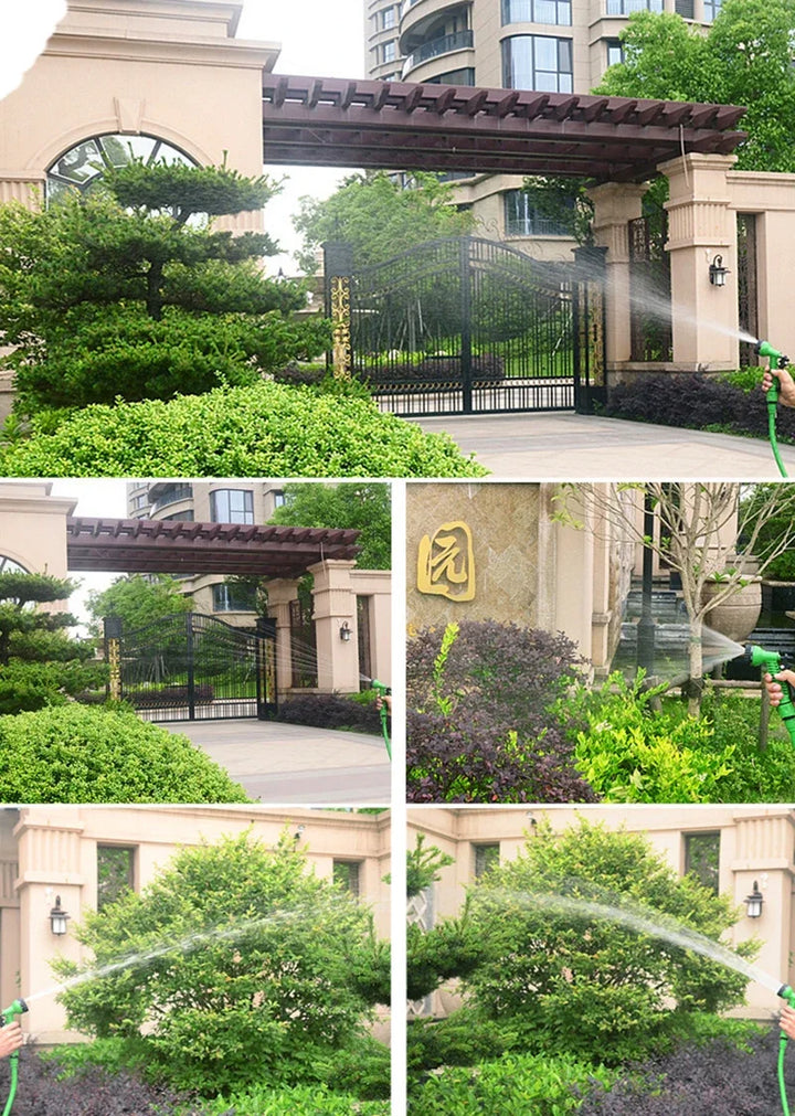 "Expandable garden hose with blue flexible design, 7-function spray gun, ideal for easy outdoor watering and DIY tasks."