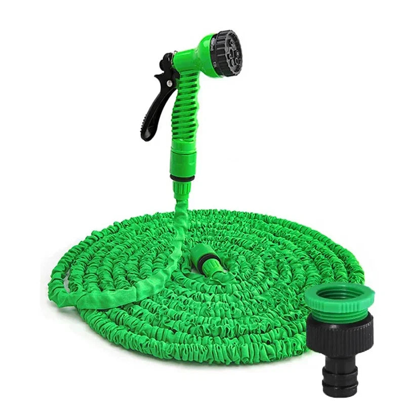 "Expandable garden hose with blue flexible design, 7-function spray gun, ideal for easy outdoor watering and DIY tasks."