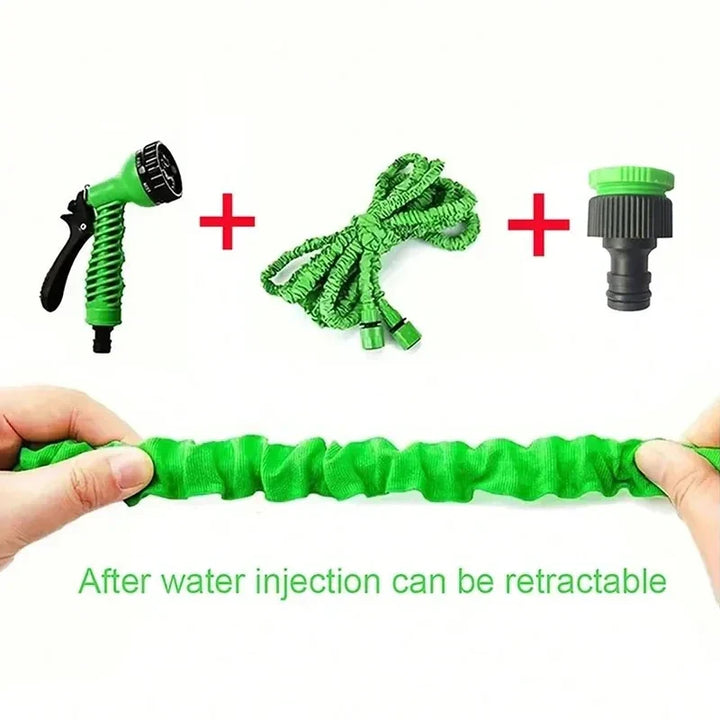 "Expandable garden hose with blue flexible design, 7-function spray gun, ideal for easy outdoor watering and DIY tasks."