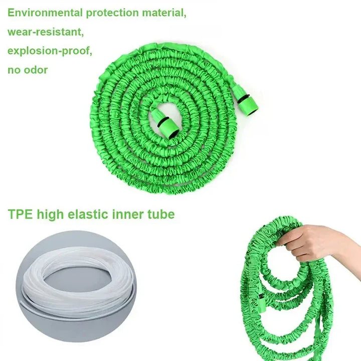 "Expandable garden hose with blue flexible design, 7-function spray gun, ideal for easy outdoor watering and DIY tasks."