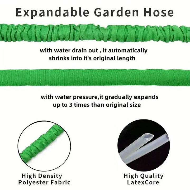"Expandable garden hose with blue flexible design, 7-function spray gun, ideal for easy outdoor watering and DIY tasks."