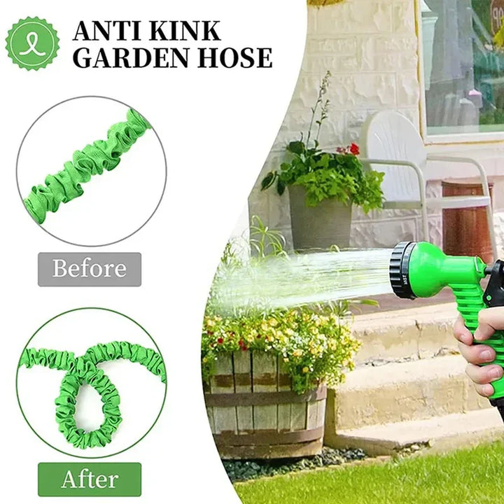 "Expandable garden hose with blue flexible design, 7-function spray gun, ideal for easy outdoor watering and DIY tasks."