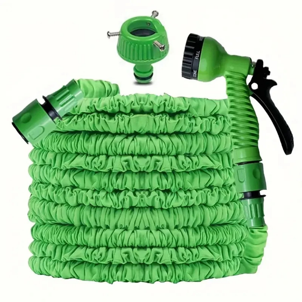 "Expandable green garden hose, flexible and lightweight, coiled neatly, showcasing durable material and universal connectors.