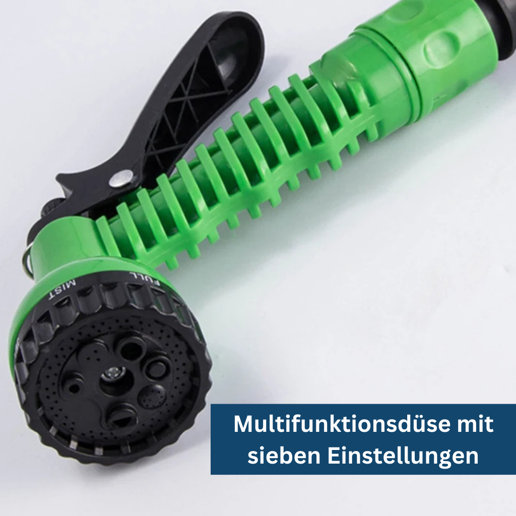 "Expandable green garden hose, flexible and lightweight, coiled neatly, showcasing durable material and universal connectors.