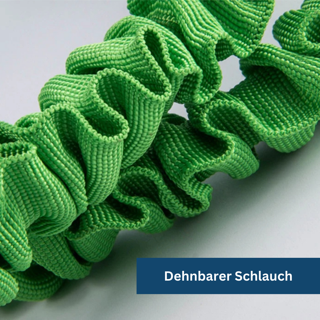 "Expandable green garden hose, flexible and lightweight, coiled neatly, showcasing durable material and universal connectors.