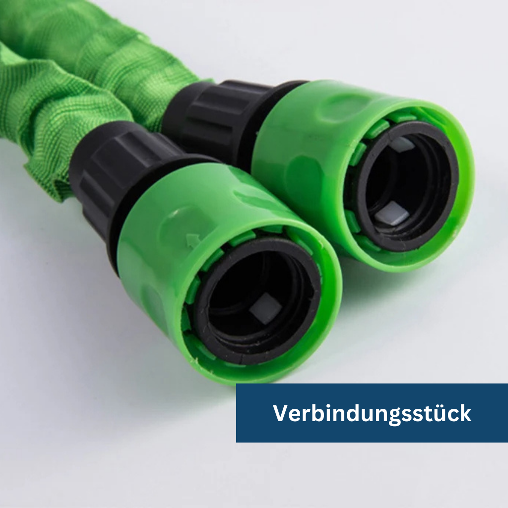 "Expandable green garden hose, flexible and lightweight, coiled neatly, showcasing durable material and universal connectors.