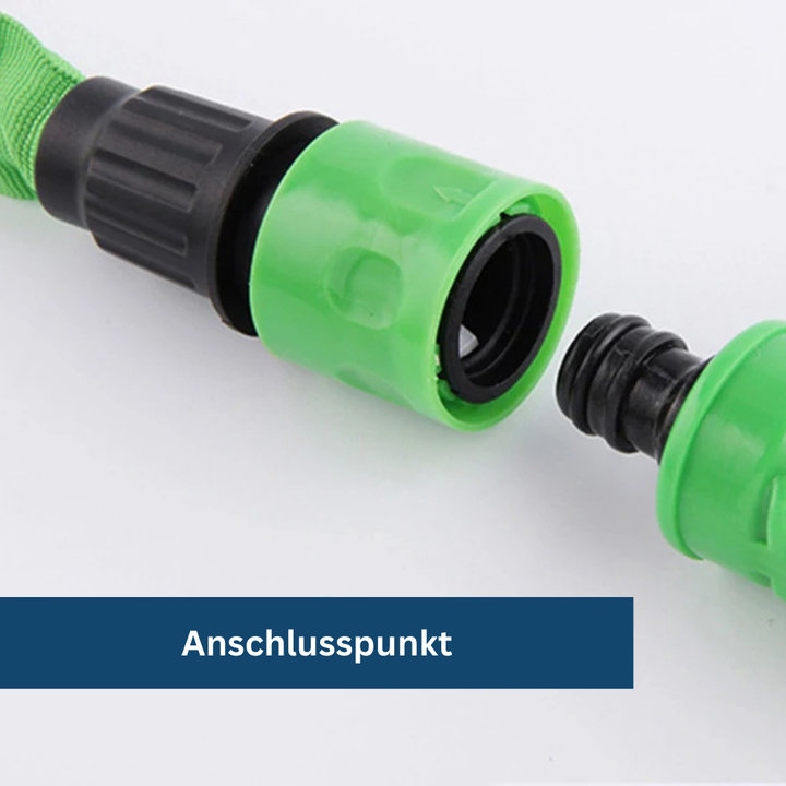 "Expandable green garden hose, flexible and lightweight, coiled neatly, showcasing durable material and universal connectors.