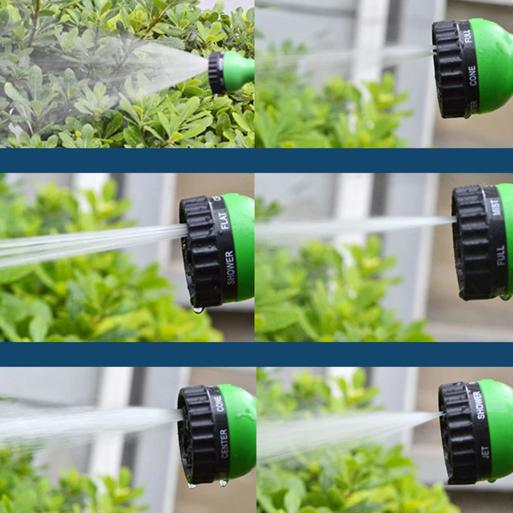 "Expandable green garden hose, flexible and lightweight, coiled neatly, showcasing durable material and universal connectors.