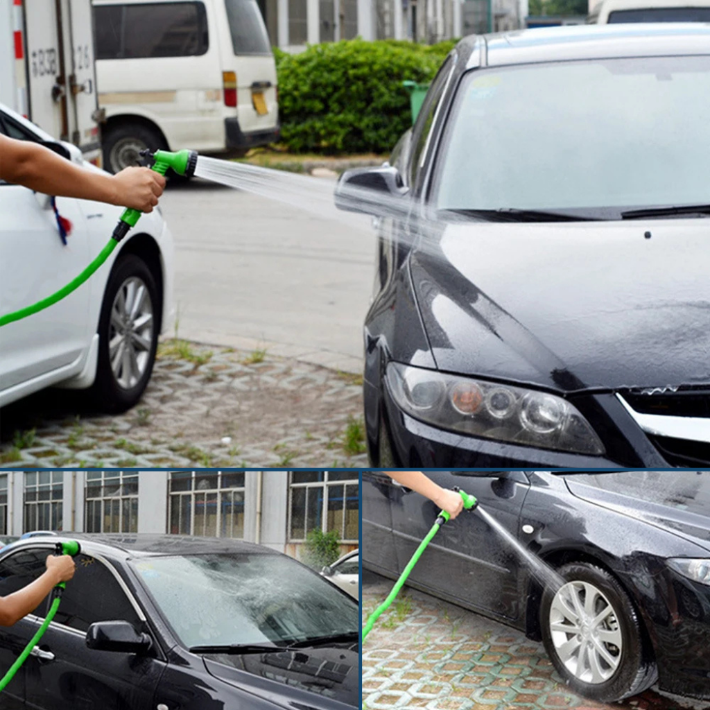 "Expandable green garden hose, flexible and lightweight, coiled neatly, showcasing durable material and universal connectors.