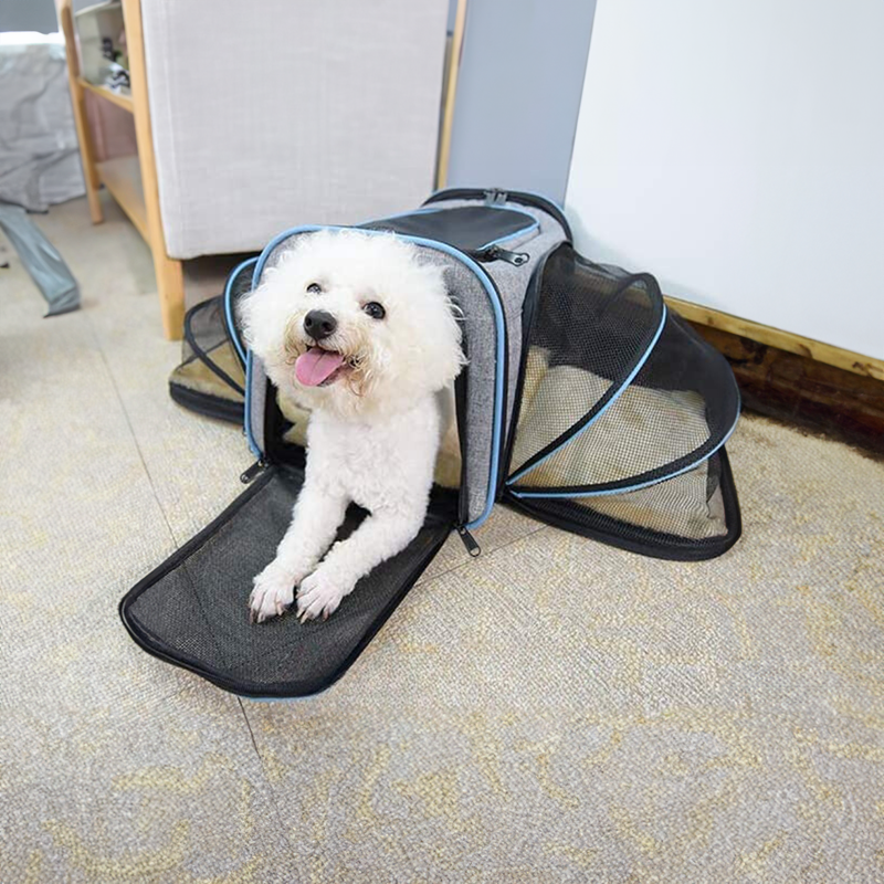 "Expandable pet carrier with breathable mesh, adjustable straps, and spacious design, perfect for pets up to 10kg."