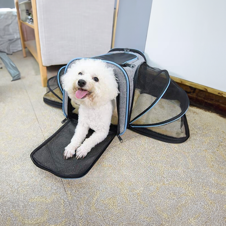 "Expandable pet carrier with breathable mesh, adjustable straps, and spacious design, perfect for pets up to 10kg."
