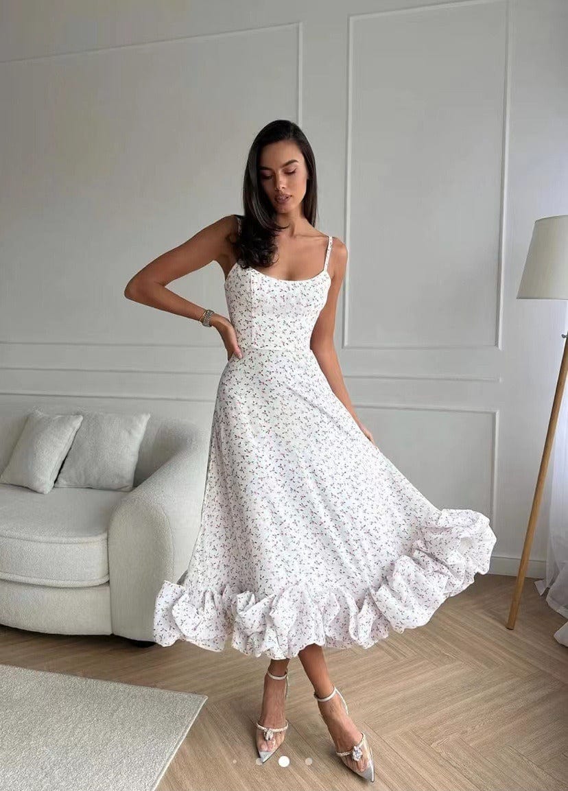 "Exquisite women's midi dress with 3D floral embellishments, A-line silhouette, sleeveless bustier top, ideal for events."