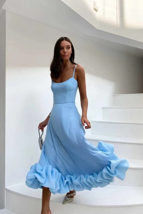 "Exquisite women's midi dress with 3D floral embellishments, A-line silhouette, sleeveless bustier top, ideal for events."