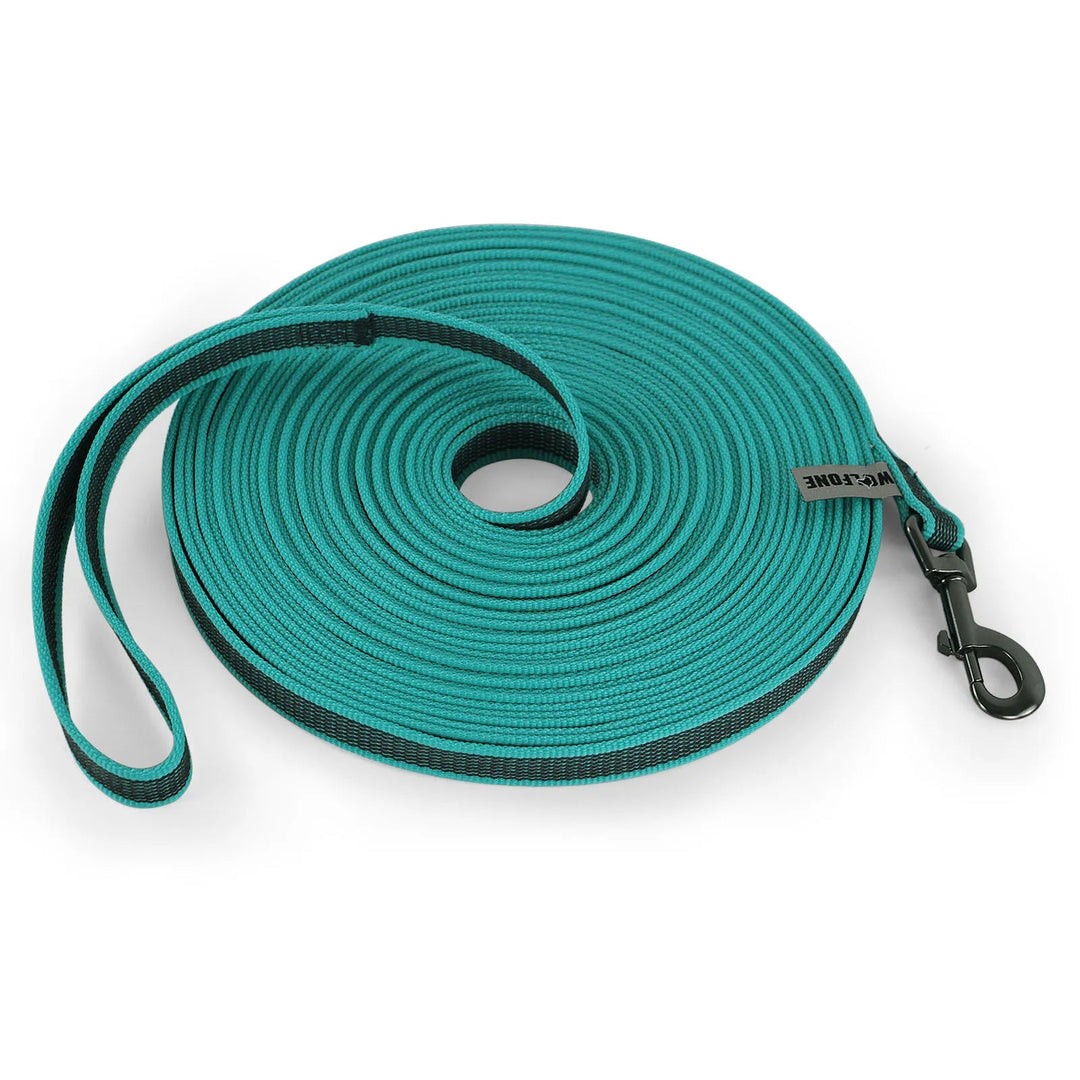 "Extra long waterproof dog lead with comfy handle, in orange, durable nylon for all weather, secure soft-touch grip."