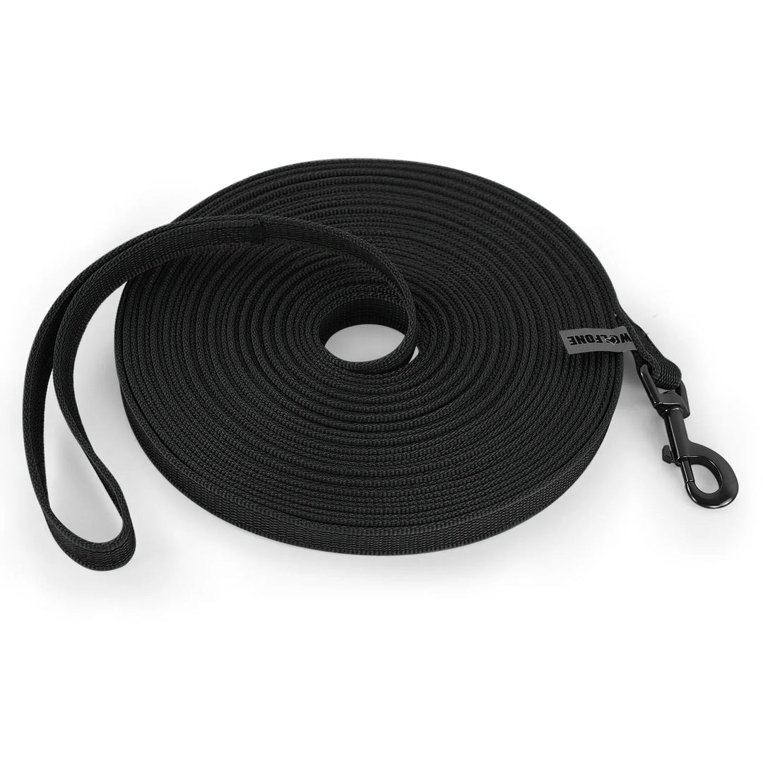 "Extra long waterproof dog lead with comfy handle, in orange, durable nylon for all weather, secure soft-touch grip."