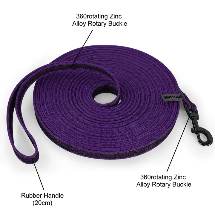 "Extra long waterproof dog lead with comfy handle, in orange, durable nylon for all weather, secure soft-touch grip."