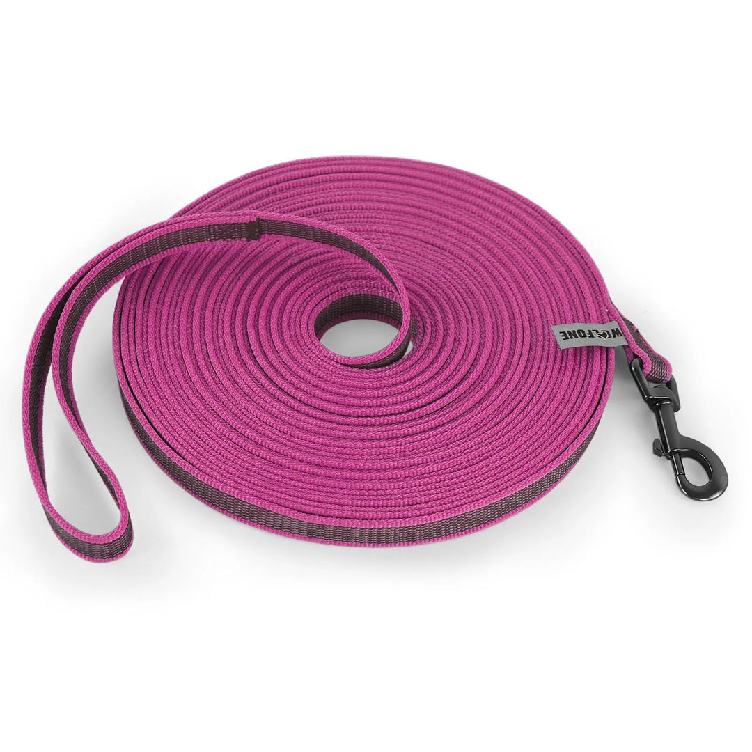 "Extra long waterproof dog lead with comfy handle, in orange, durable nylon for all weather, secure soft-touch grip."