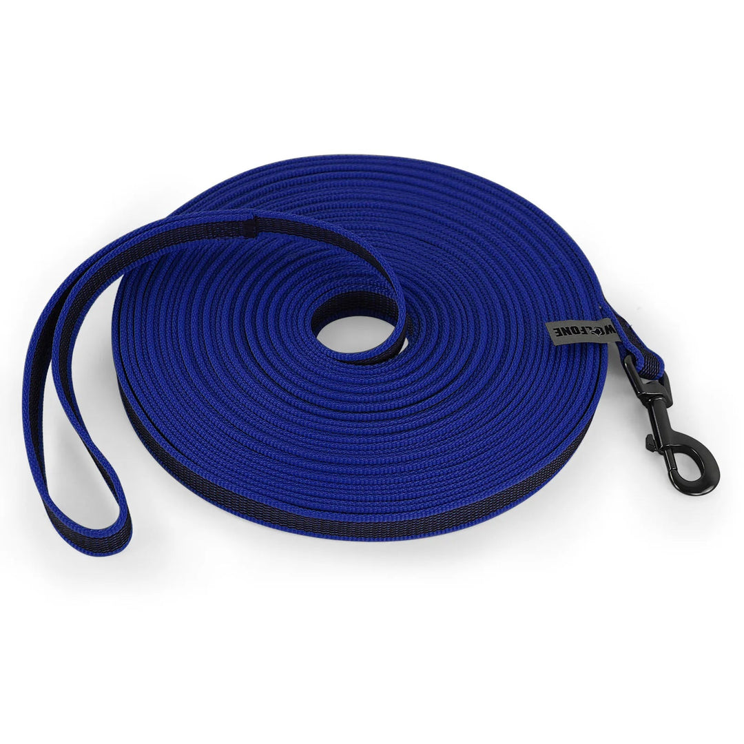 "Extra long waterproof dog lead with comfy handle, in orange, durable nylon for all weather, secure soft-touch grip."