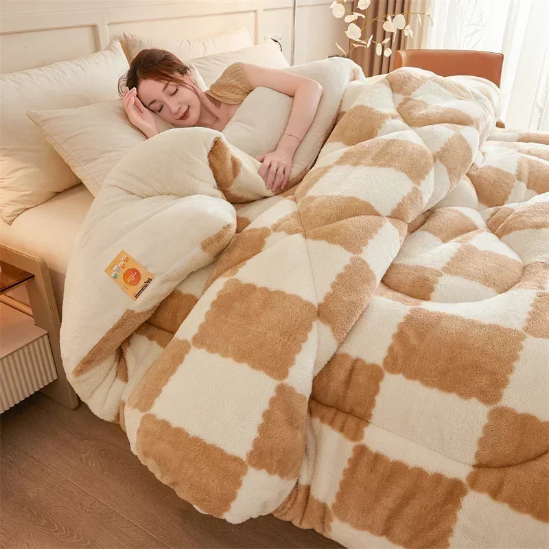 "Extra thick plaid weighted blanket on bed, ultra-soft for winter warmth, home decor, cozy and stylish design"