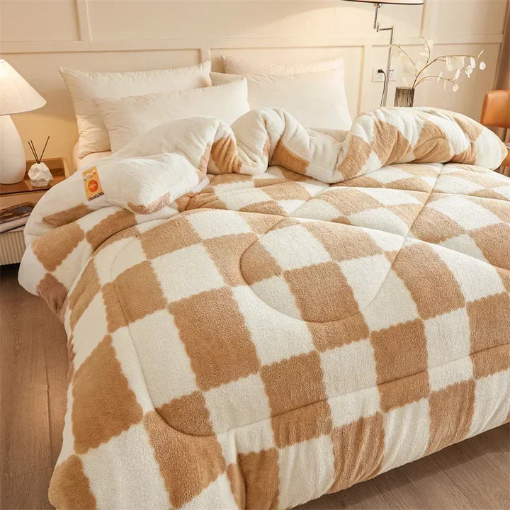 "Extra thick plaid weighted blanket on bed, ultra-soft for winter warmth, home decor, cozy and stylish design"