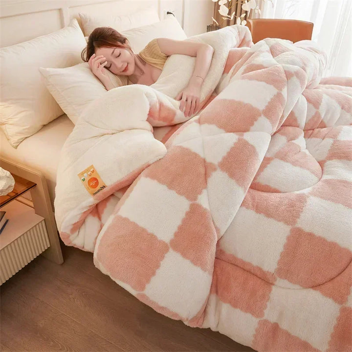 "Extra thick plaid weighted blanket on bed, ultra-soft for winter warmth, home decor, cozy and stylish design"