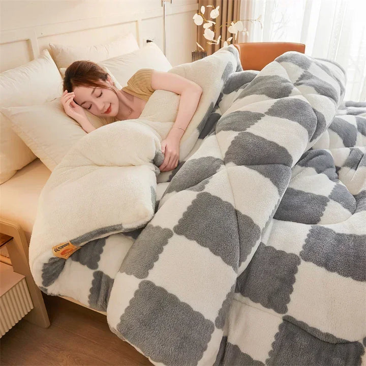 "Extra thick plaid weighted blanket on bed, ultra-soft for winter warmth, home decor, cozy and stylish design"