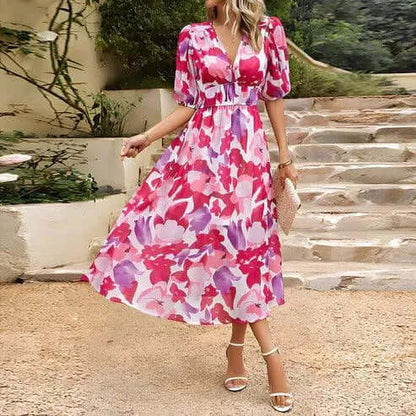Women's Puff Sleeve Midi Dress with Cinched Waist
