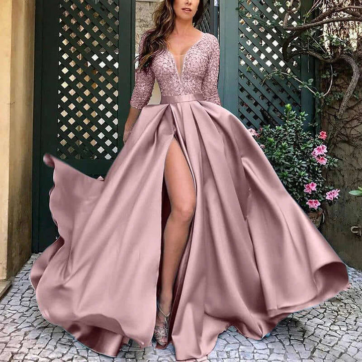 Elegant A-Line Lace Evening Gown with V-Neck & High Slit