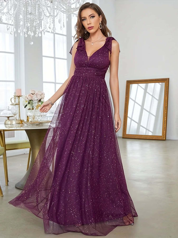 Glitter Embellished V-Neck Sleeveless Floor-Length Evening Gown