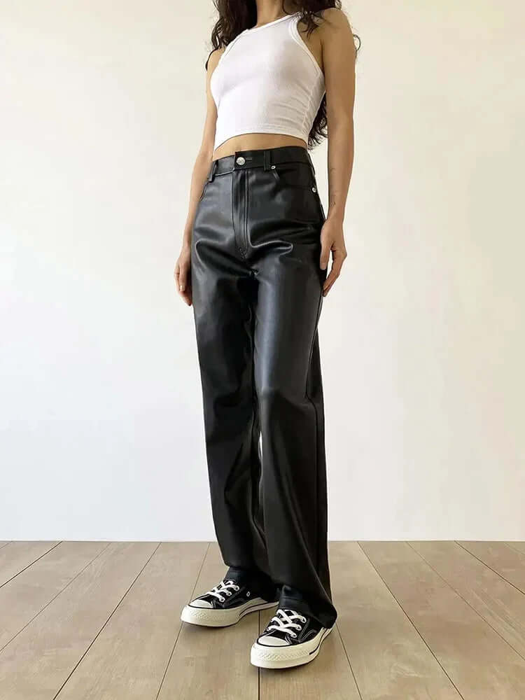 Women's High-Waist Straight Leg Vintage Leather Pants