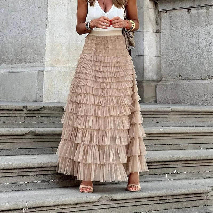 Women's Pleated Mesh Midi Skirt with Ruffle
