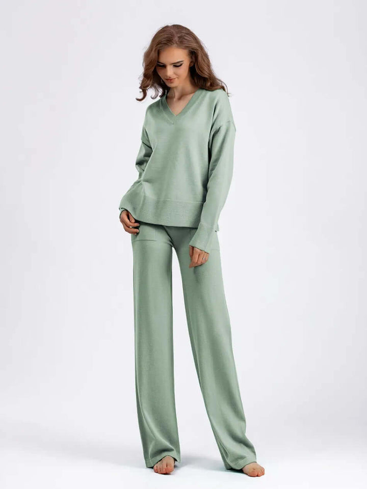 Women's V-Neck Sweater and Wide-Leg Trousers Set