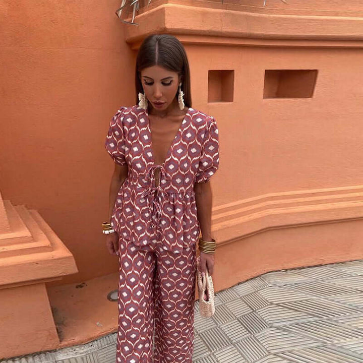 Women's Boho Puff Sleeves & Wide-Leg Pants