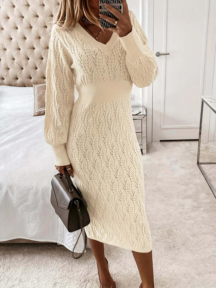 Women's Cotton V-Neck Long Sleeve Midi Dress