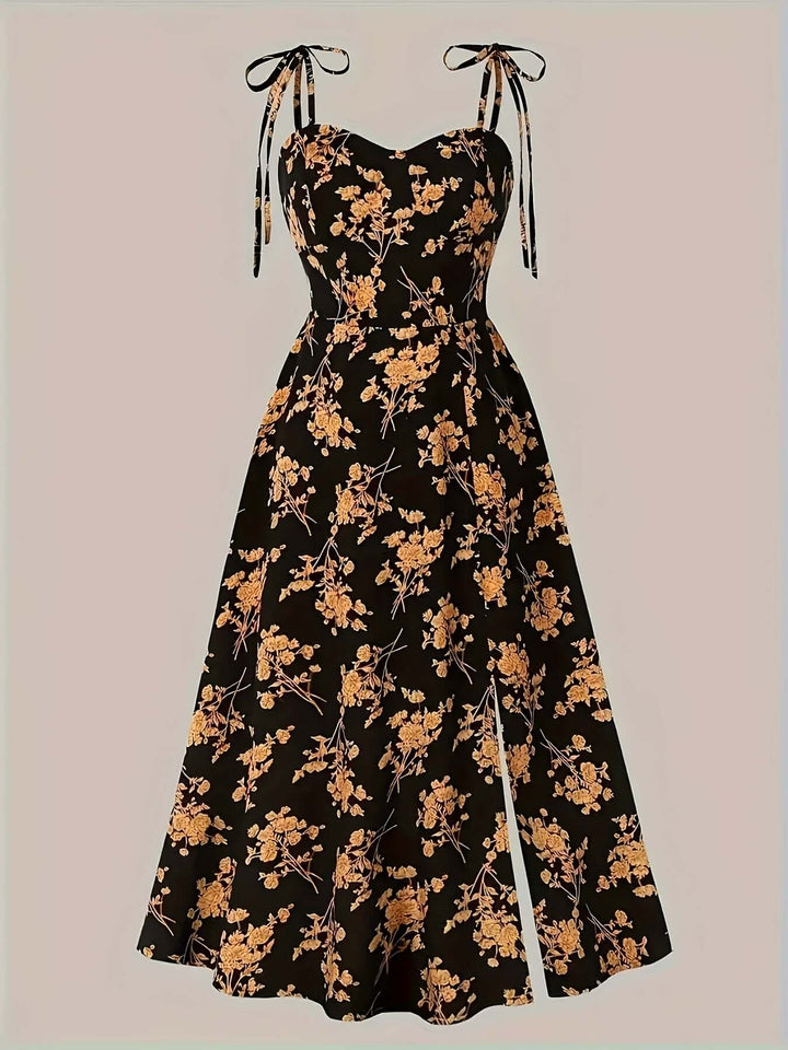 Floral Print Midi Dress with Tie Straps