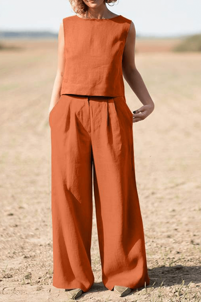 Women's Relaxed Fit Round Neck Top and Wide-Leg Pants Set
