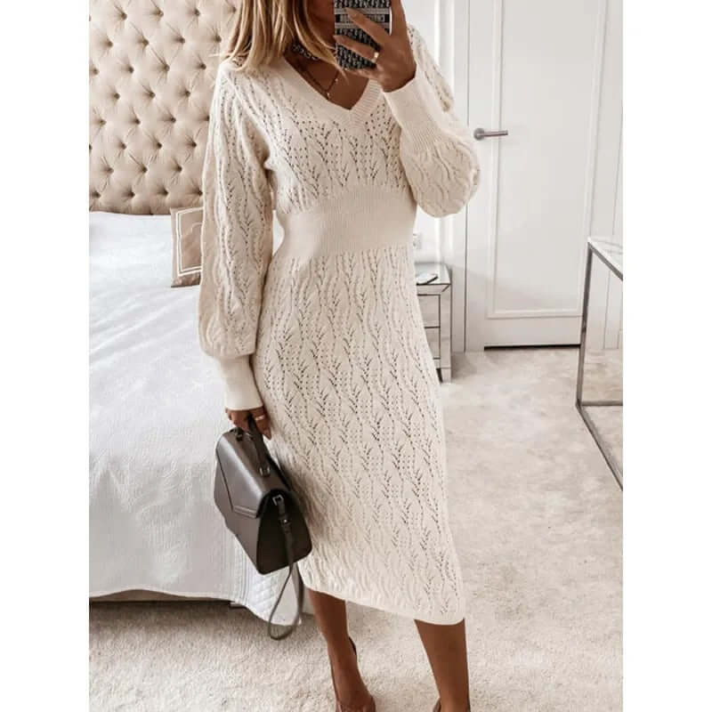 Women's Cotton V-Neck Long Sleeve Midi Dress