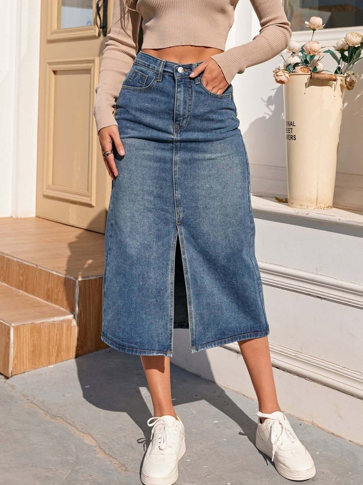 Women's High-Waisted Denim Midi Skirt with Front Slit