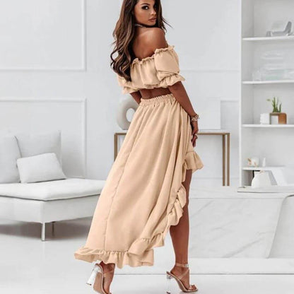 Women's Off-Shoulder Frill Crop Top & High-Low Skirt Set