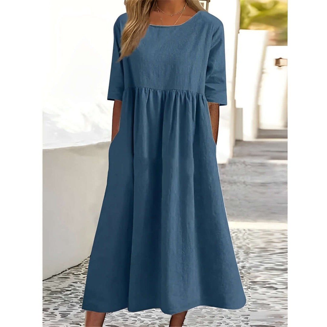 Cotton Linen Pleated Midi Dress