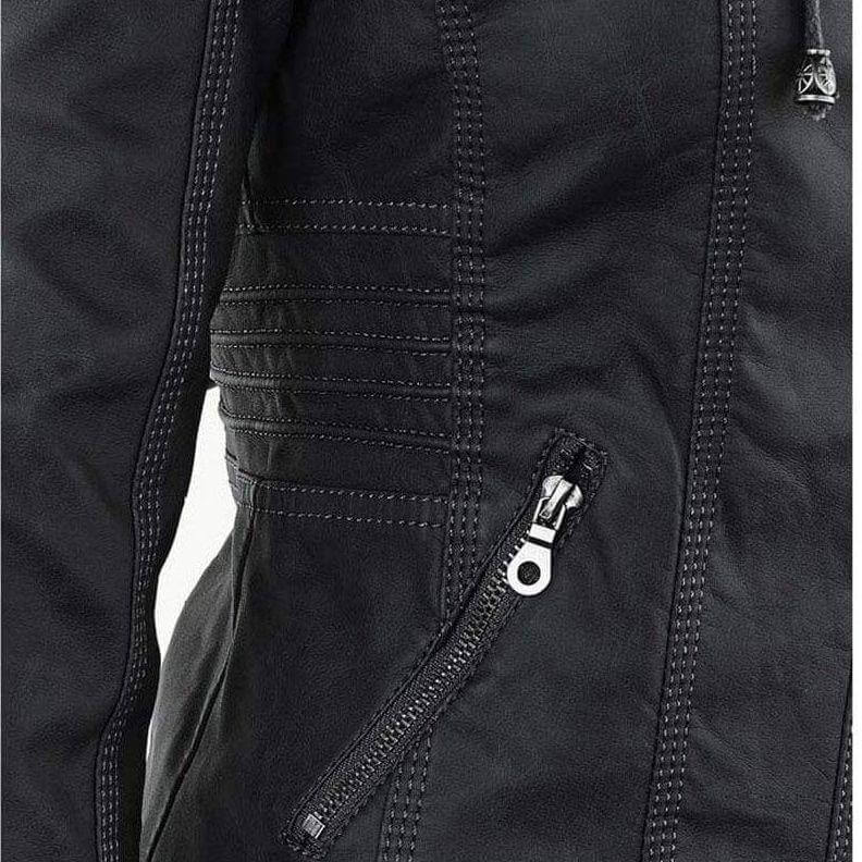 Women's Slim Fit PU Leather Zip-Up Hoodie